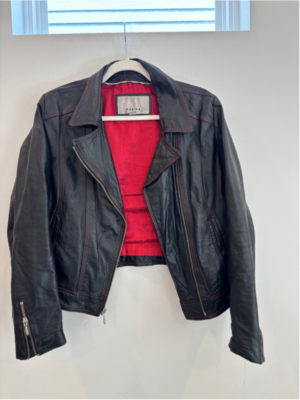 Wilsons Leather Maxima Black Leather Moto Biker Jacket Red Lining L #S29